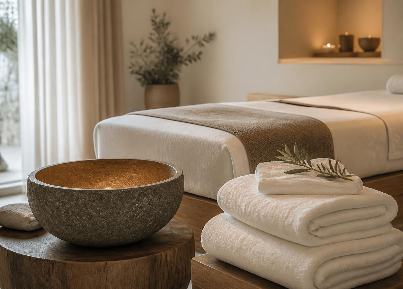 Warm treatment bed with white towels in a serene spa room