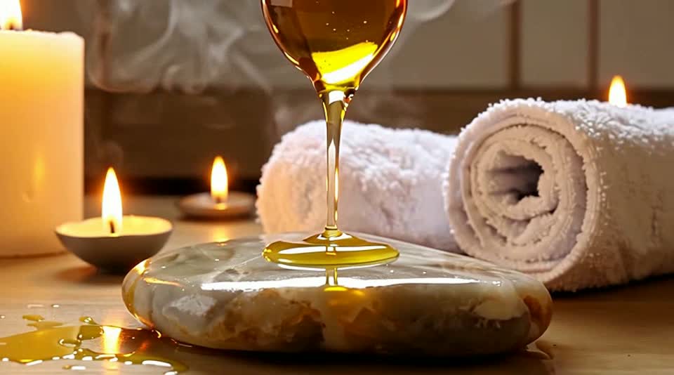 Warm oils, candlelight and folded towels in a calm treatment room